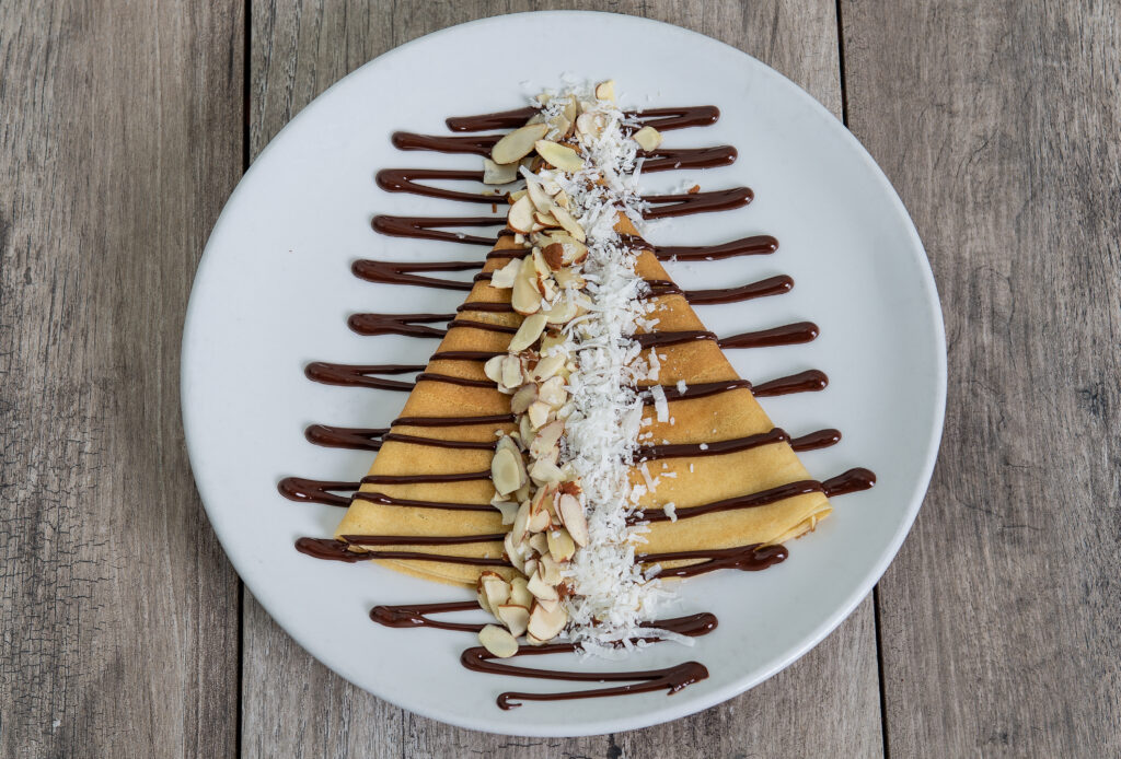 Vegan Almond Joy Crêpe dish at Crepeccino